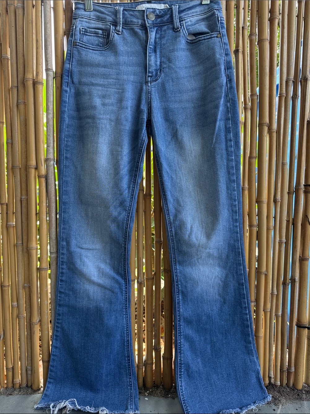 Disclosed Medium Blue Flared Jeans with Raw Hem